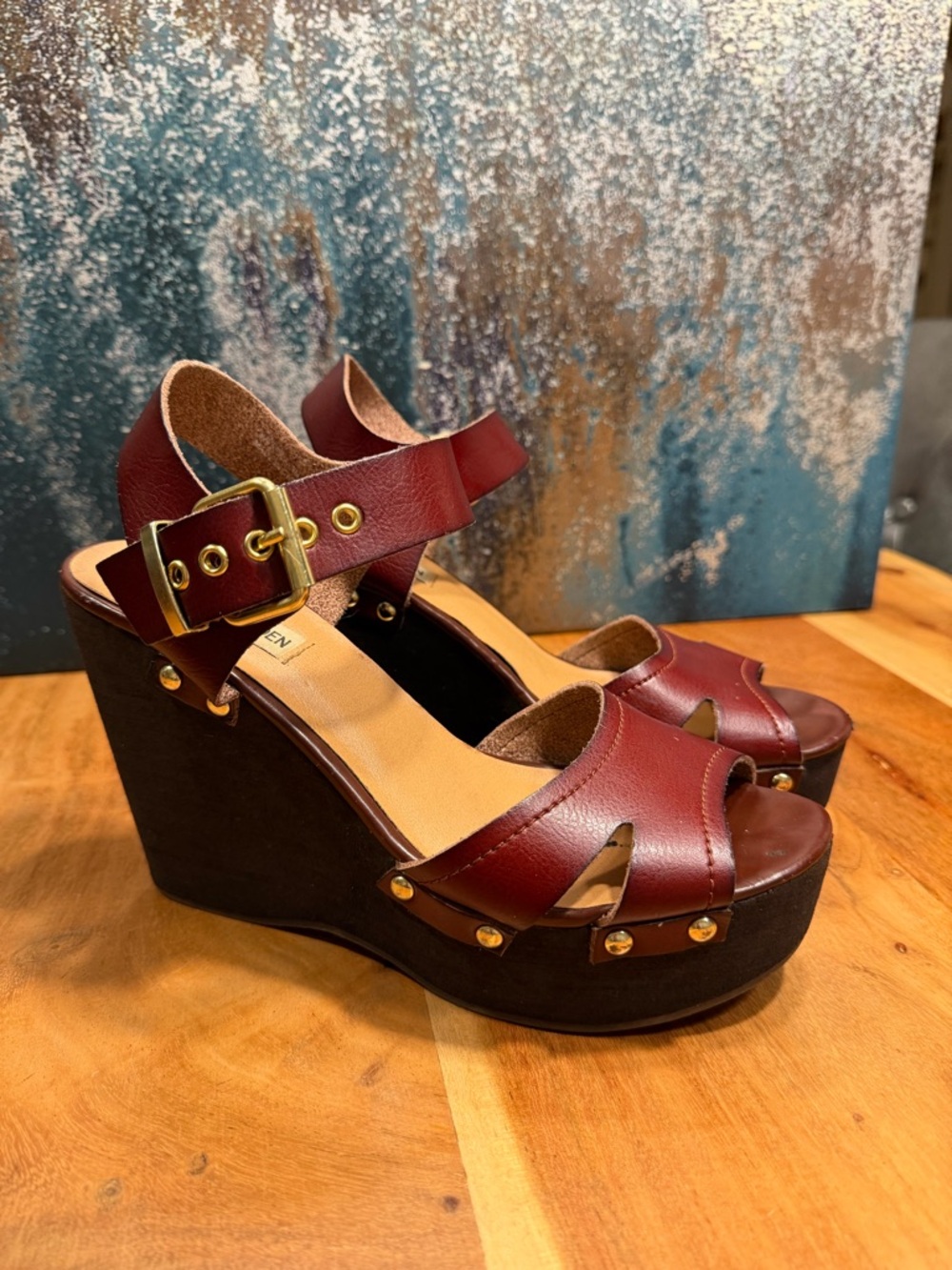 Steve Madden mid 2010s boho leather platform wedge sandals burgundy 9 FAIR - Picture 4 of 16